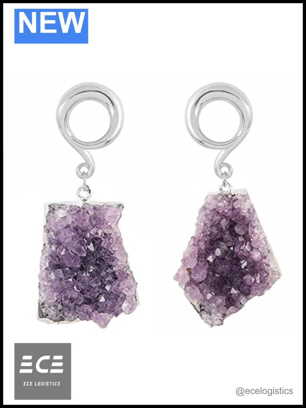 Amethyst Stone Hanging Ear Gauges with Silver Hooks, Pair of Stone Plugs,